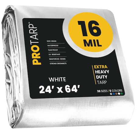 Protarp Heavy Duty Tarp, 24 ft x 64 ft, 16 Mil, White, Polyethylene, Waterproof, Rip and Tear Proof PT-104-24X64